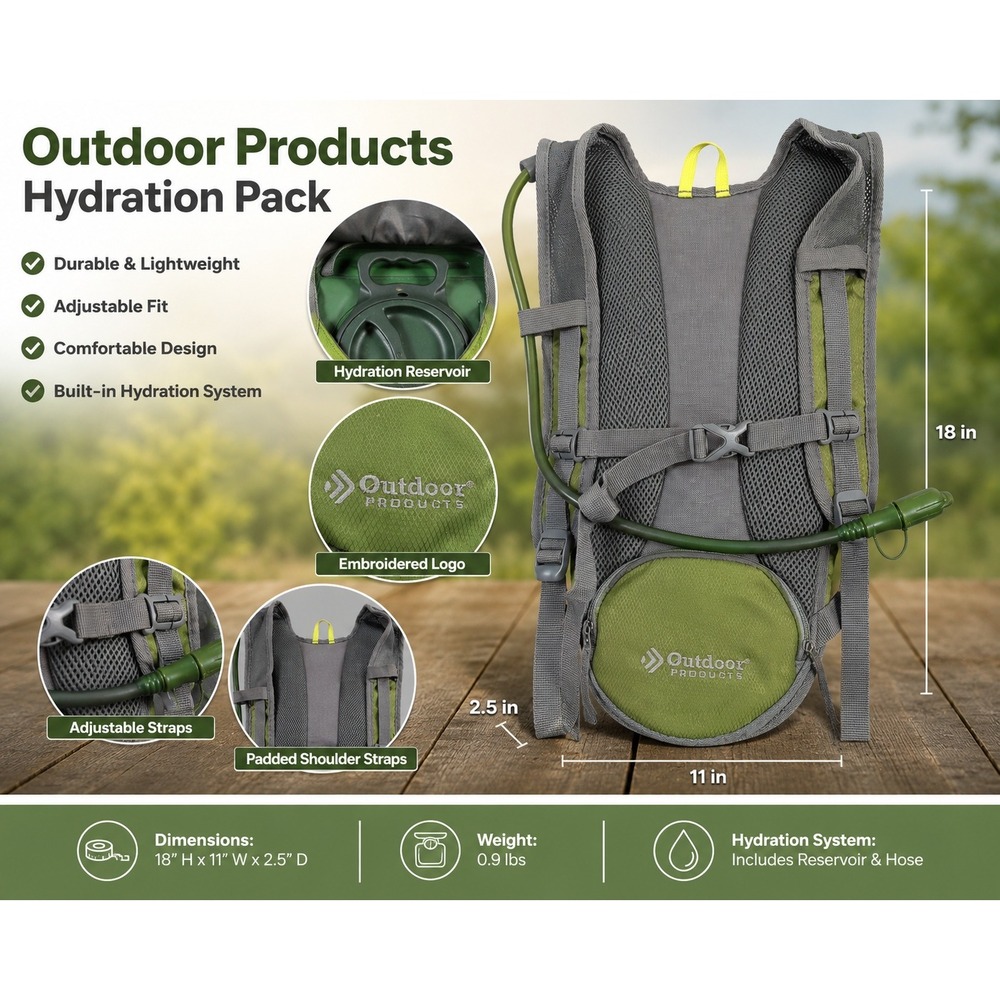 Outdoor Products Kilometer Hydration Pack Lime Green Gry Hiking Backpack Bladder
